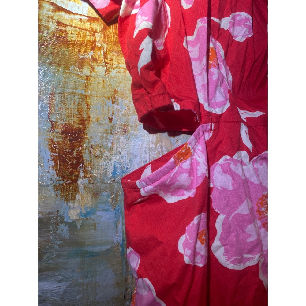 Old Navy Womens XXL Red Pink Floral Cotton Cut-Out Button Front Midi Dress - Picture 3 of 4